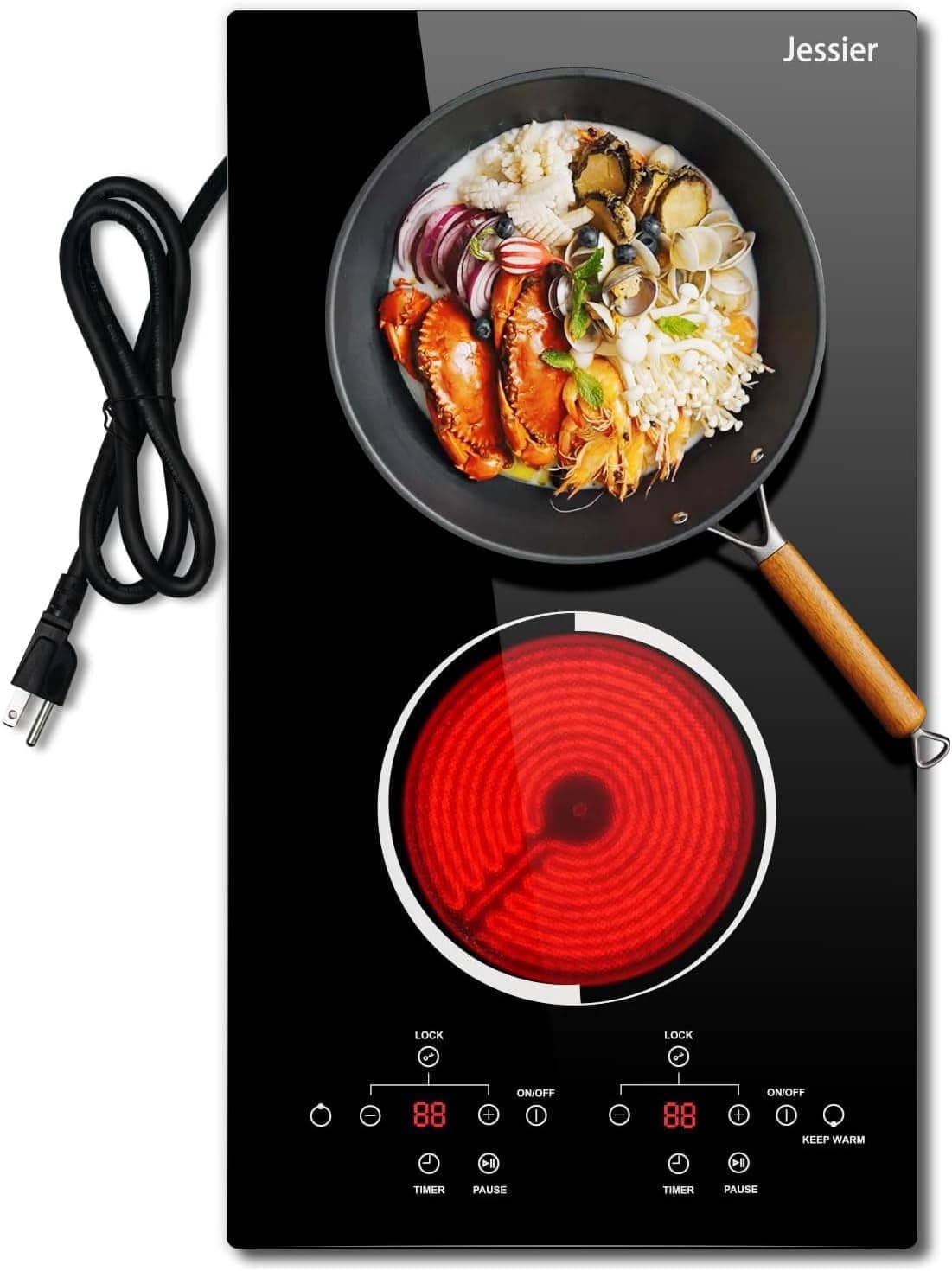 Jessier 12 Inch Electric Cooktop - 2 Burners Countertop & Built-in Electric Stove Top, 120V Plug in Electric Cooktop, Timer, Child Safety Lock, Over-Temperature Protection, Sensor Touch Control