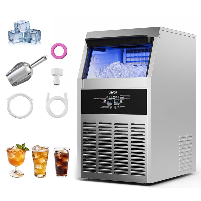 VEVOR Commercial Ice Maker Machine, 130 lbs/24h with 30 lbs Storage Capacity, Built-in/Freestanding/Under Counter, Stainless Steel Ice Maker with LED Display & Self-Cleaning