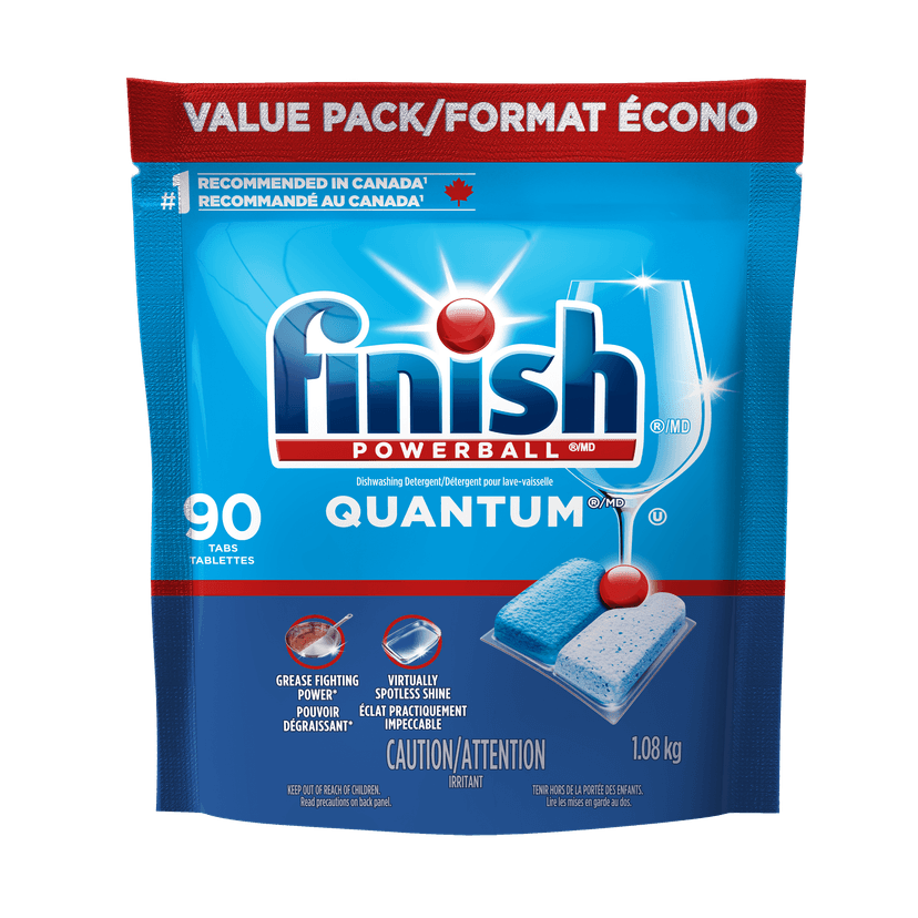 Finish Quantum Dishwasher Detergent Pods, 3-Chamber Formula with Powerball Action, No Pre-Rinse, Grease & Stain Removal, Scrubs Dried-On Food, Deep Clean & Sparkling Shine, 90 Tabs