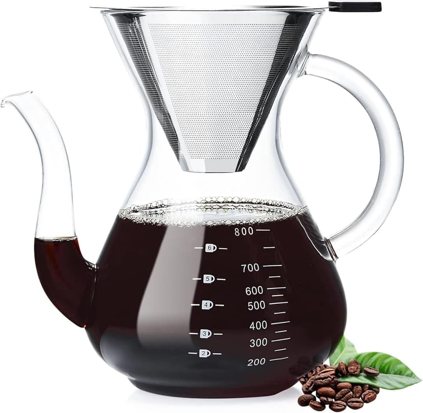 Unbreakable - Pour Over Coffee Maker with Double Stainless Filter 8-Cup, Thickened Heat-Resistant Borosilicate Glass Pour Over Coffee Dripper, Stovetop Safe