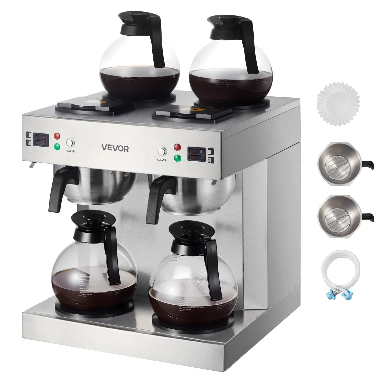 VEVOR Commercial Drip Coffee Maker, 24 Cups Coffee-Maker Machine with 4 Glass Carafes and 4 Decanter Warmer Plates, Stainless Steel Dual-Head Coffee Brewer, for Restaurant, Office, Coffee Shop & Home