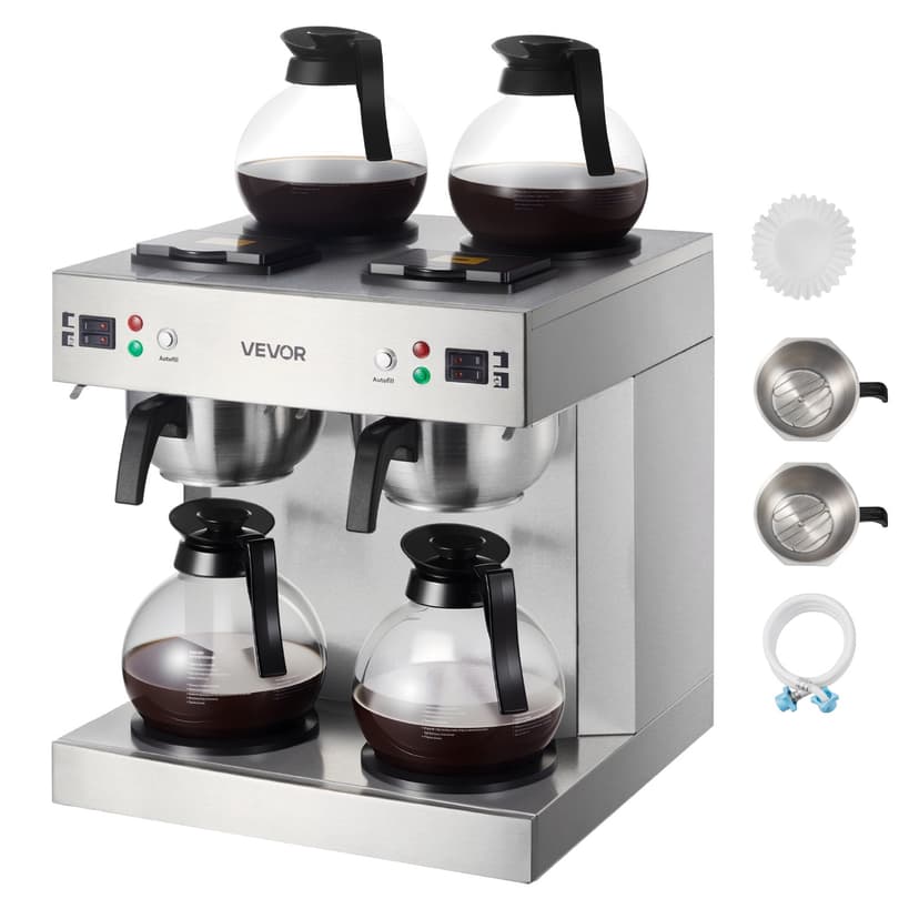 VEVOR Commercial Drip Coffee Maker, 24 Cups Coffee-Maker Machine with 4 Glass Carafes and 4 Decanter Warmer Plates, Stainless Steel Dual-Head Coffee Brewer, for Restaurant, Office, Coffee Shop & Home