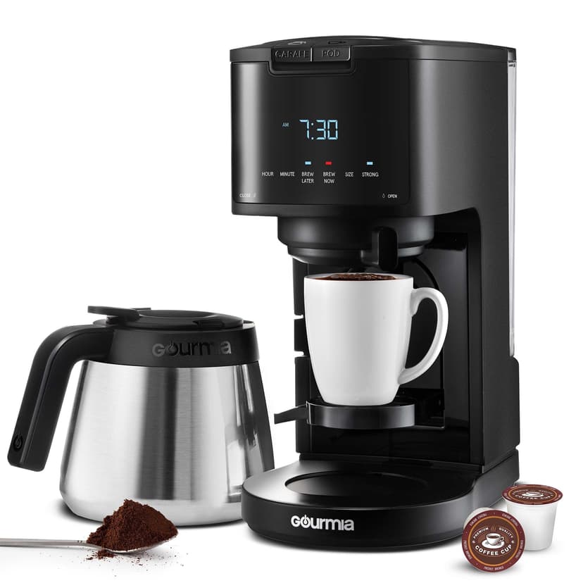 Gourmia 2-in-1 Coffee Maker Single Serve & 12 Cup with Thermal Carafe, Pod Compatible, Black