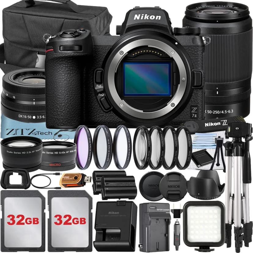 Nikon Z7 II Mirrorless Camera with NIKKOR 16-50mm + DX 50-250mm Zoom Lens + 2 Pack 32GB Card + Case + Telephoto + Tripod + ZeeTech Accessory Bundle
