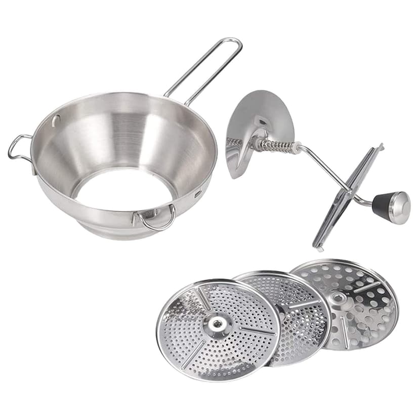Food Mill Hand Crank Stainless Steel Food Processor for Tomato Mashed Potatoes and Soups with Interchangeable Discs and Space Saving Design