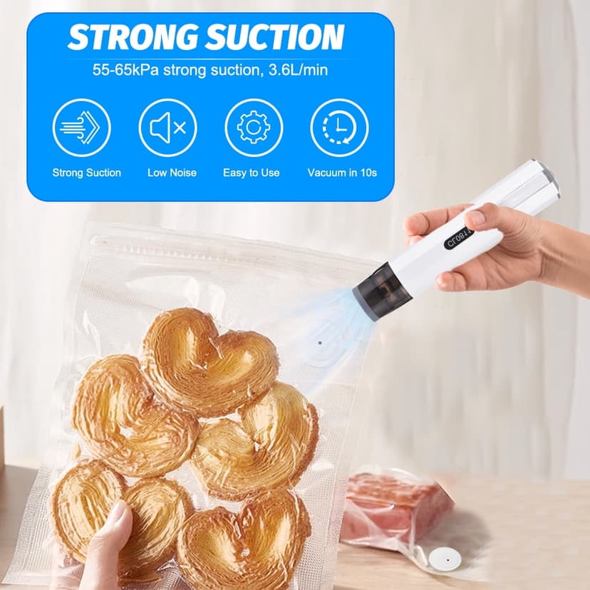 Vacuum Handheld Vacuum Sealer Machine Portable USB Charging Cordless 2-in-1 Manual Handheld Vacuum Pump with 5pcs Sous Vide Bags for Food Storage and Preservation BPA-Free