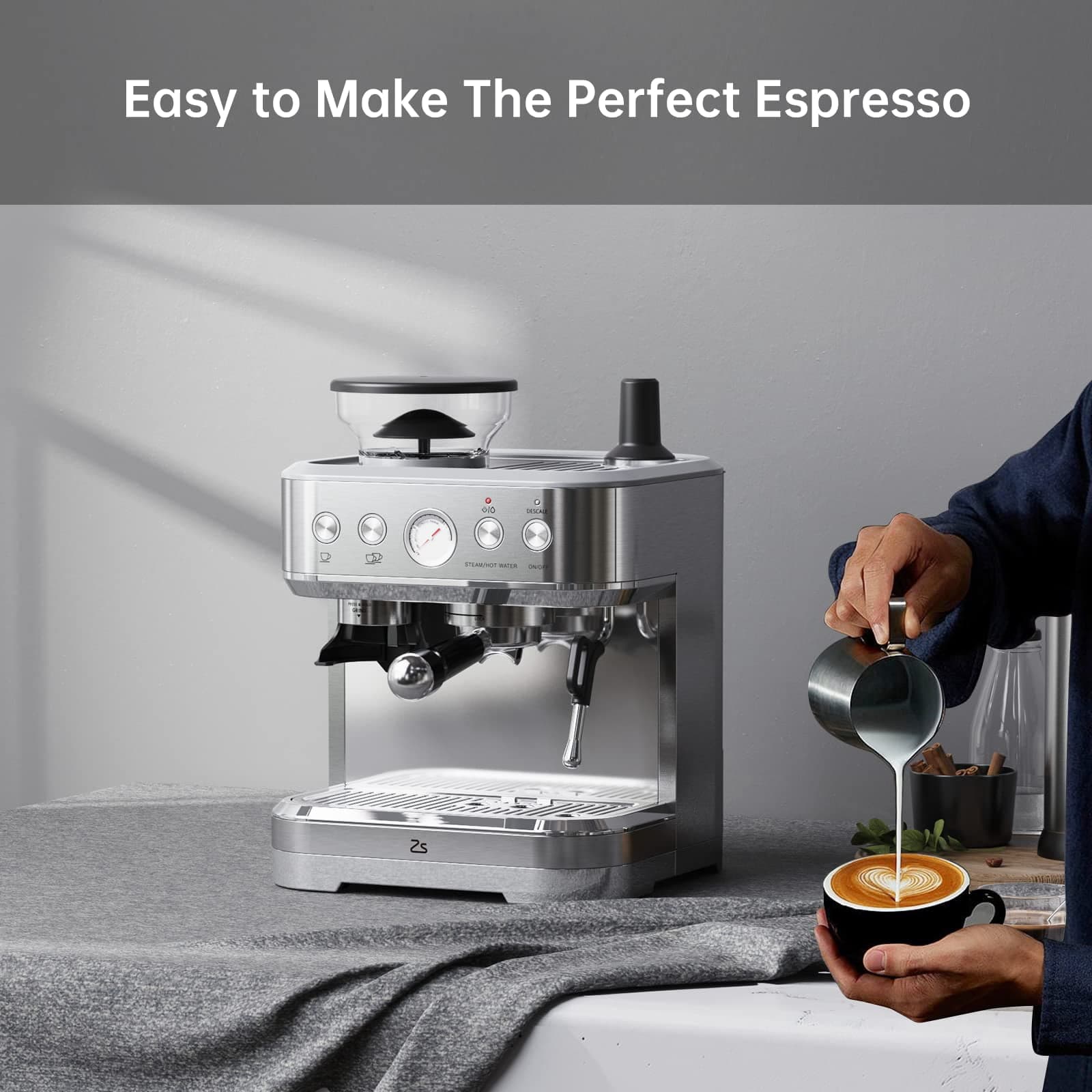 EDTara Stainless Steel Espresso Machine, 15 Adjustable Grind Settings, 15 Bar Pump, PID Temperature Control, 2.3L Removable Water Tank, Heating, Includes 58mm Sieve Handle,Tamper & 350ml Milk Jug