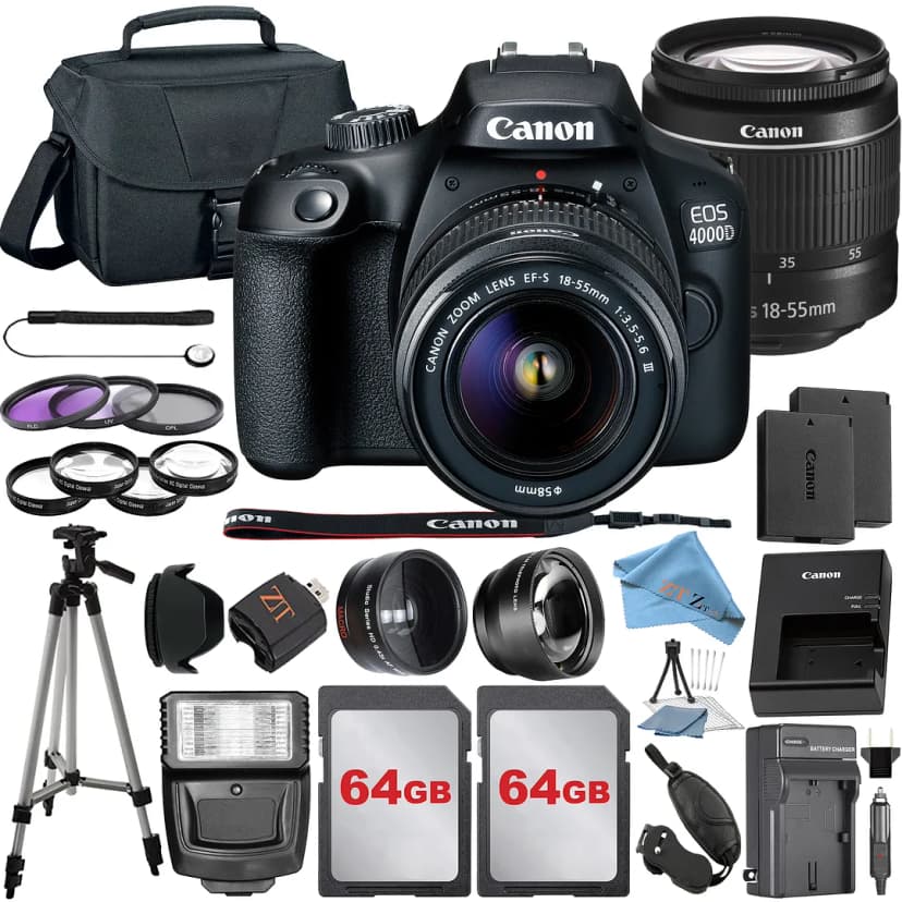 Canon EOS 4000D / Rebel T100 DSLR Camera with 18-55mm Lens + 2 Pcs 64GB Memory + Tripod + Case + ZeeTech Kit