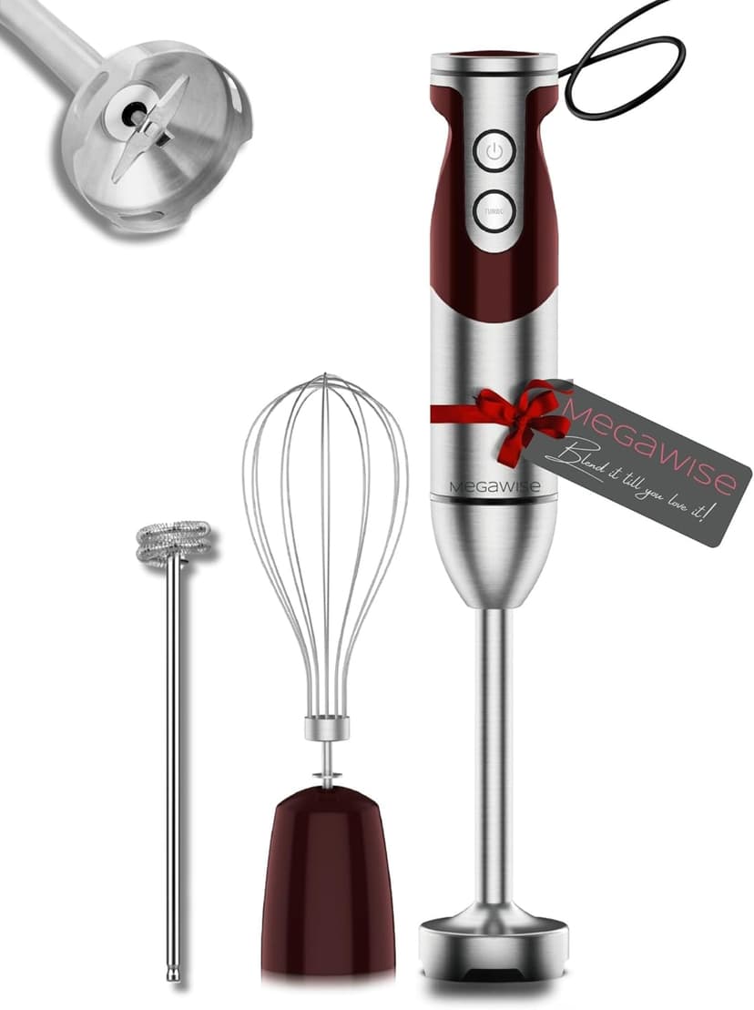 Megawise 3-in-1 Hand Blender – 12-Speed, Includes Powerful Blender Stick, Whisk, and Milk Frother (Red)