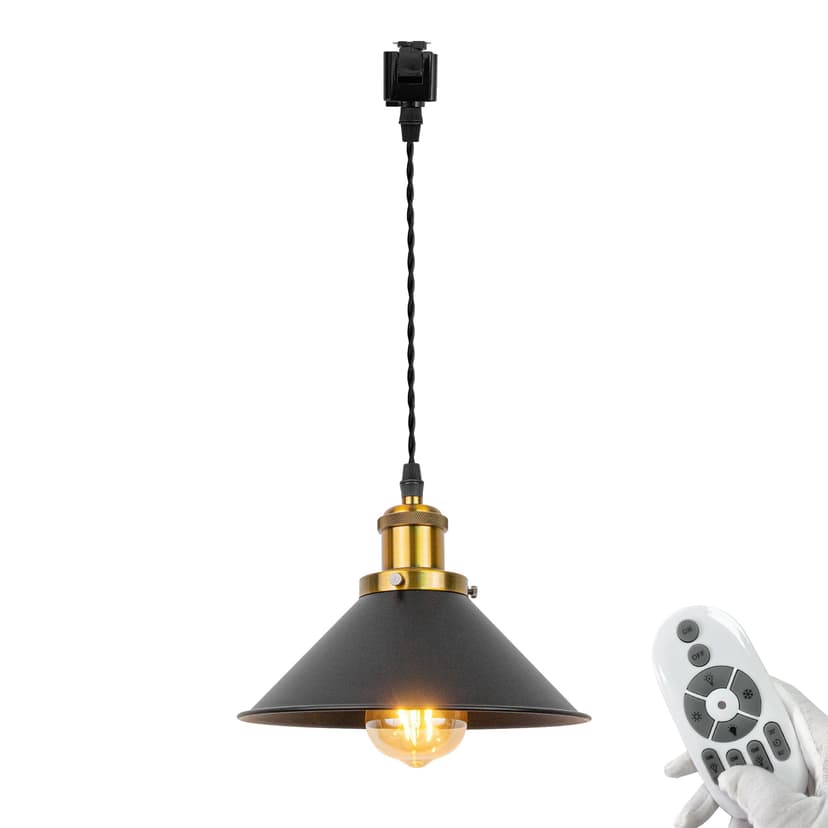 FSLiving J-Type Track Pendant Light with 3.2ft Cord Vintage Antique Brass Socket Vintage Black Shade Nordic Style Industrial Factory Track Light, Smart Edison Bulbs Timer for Kitchen Living Room