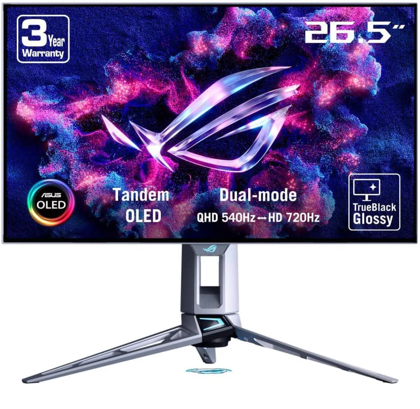 ASUS ROG Swift 27 inch (26.5" viewable) Dual Mode QHD 1440P 540Hz Full HD 720Hz AMD FreeSync Premium Pro & G-SYNC compatible 0.02ms HDR500 OLED Gaming Computer Monitor Glossy True Black PG27AQWP-W