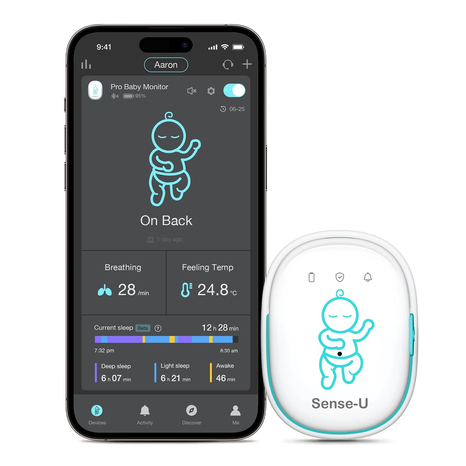 Sense-U Smart Baby Monitor Pro with Arousal Vibration, Audible and App Alerts: Tracks Abdominal Movement, Rollover, Feeling Temperature, Wearable Smart Sleep Monitor