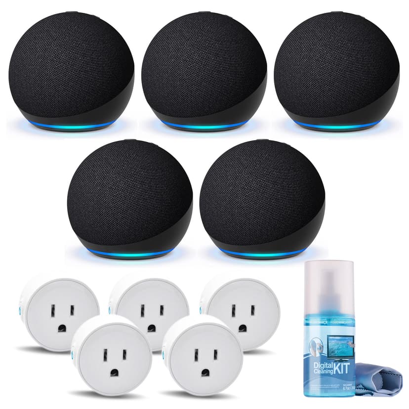 5-Pack Echo Dot (5th Gen, 2022 Release) (Charcoal) with 5-Wifi Smart Plugs and Cleaning Kit