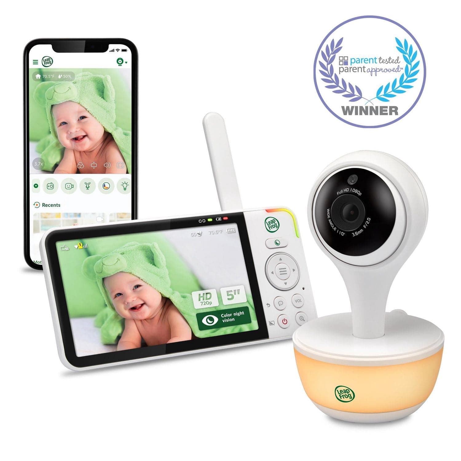 LeapFrog LF815HD 1080p WiFi Remote Access Video Baby Monitor with 5” High Definition 720p Display, Night Light, Color Night Vision (White)
