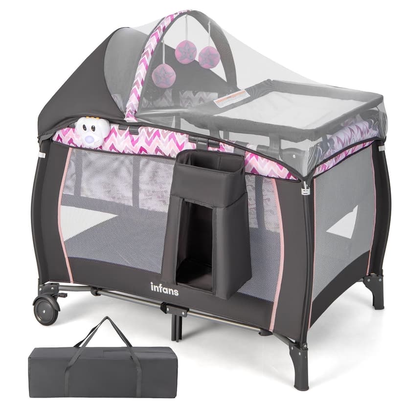 INFANS 4 in 1 Pack and Play, Portable Travel Baby Playard with Bassinet, Changing Table, Canopy, Mosquito Net, Hanging Toys, Music Box, Storage Bag, Large Playpen from Newborn to Toddlers