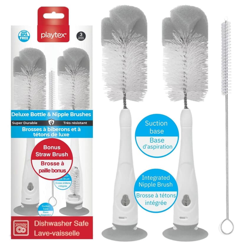 Playtex Baby® Deluxe Bottle & Nipple Brush– Baby Bottle Cleaning Brush with Sponge Tip, Suction Base & Straw Brush – BPA Free and Dishwasher Safe
