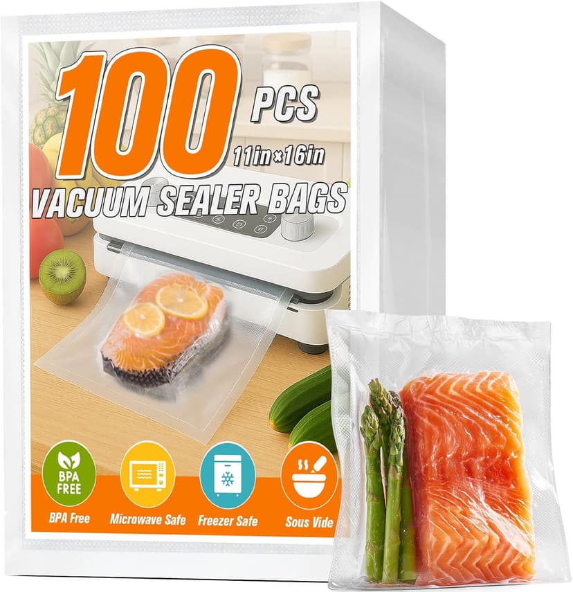 Precut Vacuum Sealer Bags for Food, 100 Gallon 11" x 16", Food Long-Term Storage and Sous Vide Commercial-Grade Bag, BPA Free for Microwave, Boiling,Sous Vide, Refrigerator