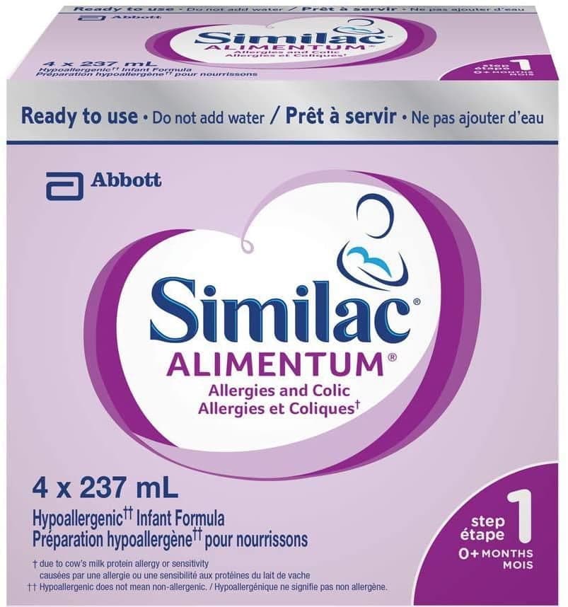 Similac Alimentum Hypoallergenic Baby Formula, Infant Formula, 0+ Months, 4x237 ml ready to use bottles