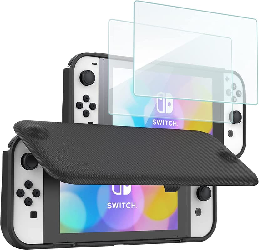 Tianle Flip Cover Compatible with Nintendo Switch OLED with 2 Pack Tempered Glass Screen Protectors, Slim Protective Case Compatible with Nintendo Switch OLED 2021