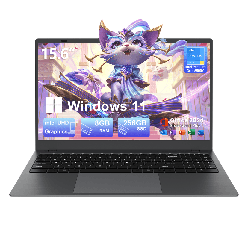 RNRUO 15.6" Laptop Computer, 8GB RAM 256GB SSD Intel 6500Y with 2 Cores Up to 3.4GHz, FHD Display Numeric Keypad Office 2024 Windows 11 WiFi5 BT5.0 Thin Portable for Business Student Work, Dark Gray