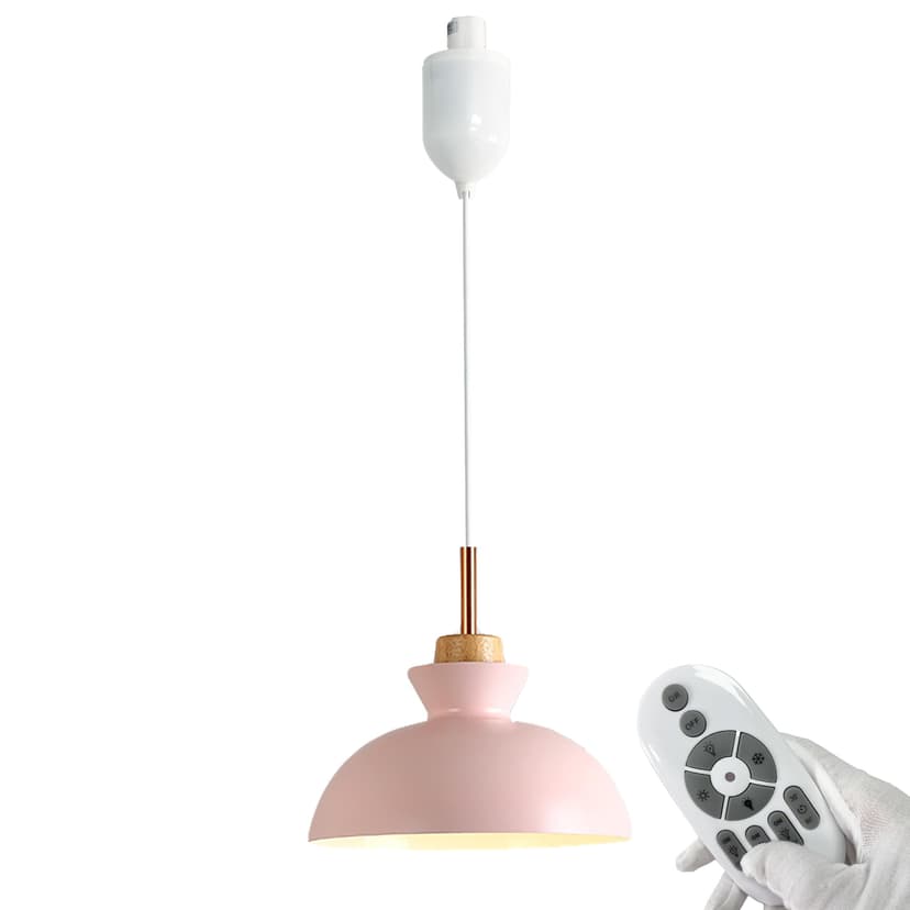 FSLiving Adjustable Height H Type Track Lighting Macaron-Style Wooden Rose Gold Handle Metal Lamp 4 Ft, Smart LED Bulbs, Remote Control Track Mount Pendants Timer Decorate for Dinning Table(Pink)