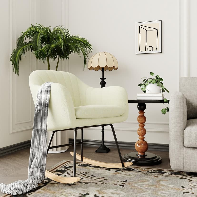 Upholstered Chenille Rocking Chair – Modern Wooden Rocker with Soft Linen Upholstery, Cozy Lounge Armchair for Living Room, Nursery, Bedroom – Perfect for Relaxing