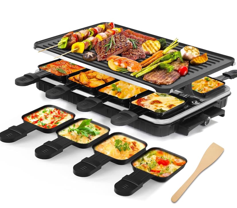 Electric Barbecue Grill, Indoor Raclette Table Grill Smokeless 2 in 1 Electric Griddle Nonstick with 8 Raclette Cheese Pans Adjustable Temperature Control 1300W Ideal for Family and Party Fun