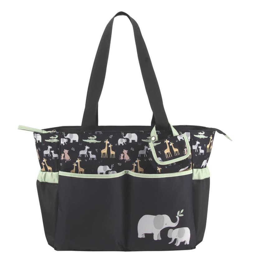 Baby Essentials Multi-Pocket Jungle Animals Baby Diaper Tote Bag with Matching Foldable 6 Ply Diaper Changing Pad and Velcro Closure Pacifier Pouch