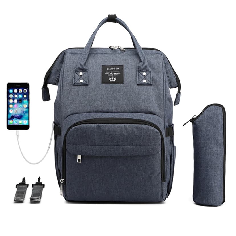 Diaper Backpack USB Port Mommy Bag Nappy Bag with Insulated Water Bottle Bag