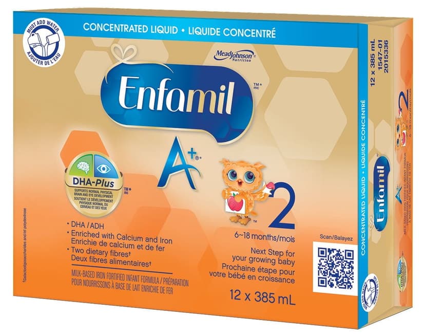 Enfamil A+ 2, Baby Formula, 6-18 month, Contains DHA – an important building block of the brain, 12x385mL Concentrated Liquid Cans
