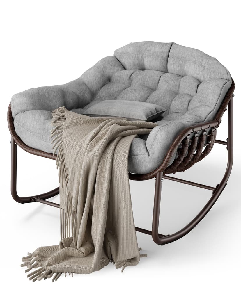 CazToi Outdoor Papasan Rocking Chair Oversized Wicker Lounge Chair with Cushion & Metal Frame Patio Rattan Egg Rocker