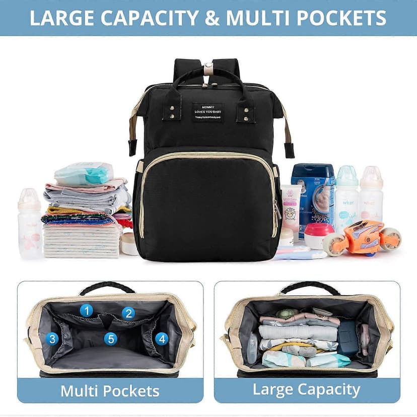 3 in 1 Diaper Bag Backpack with Changing Station, Waterproof Bag with Auto Foldable Crib