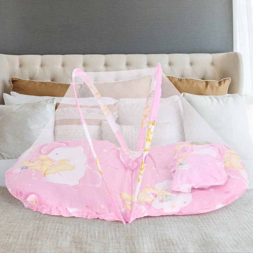 Baby Net Portable Folding Cute Cartoon Pattern Baby Net With Sleeping Pad PillowPink 75x45x40cm