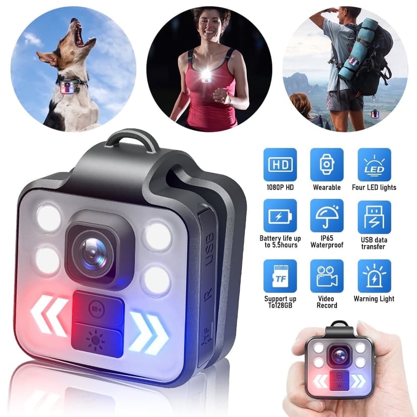 SNNROO 1080P Wireless Wearable Mini Body Camera For Outdoor Sports Security Built-in 64GB Memory Card 3 LED Modes Flashlight HeadLamp Waterproof Cam Suit to Child Pet Cop Home All Day