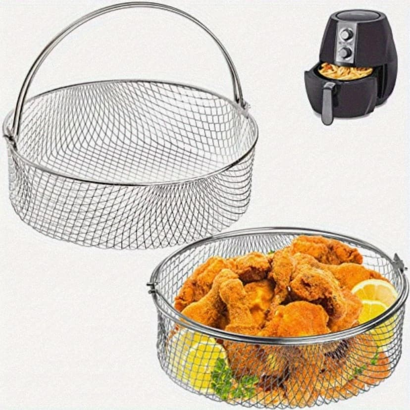 HLONK 2-Pack Heavy-Duty Air Fryer Baskets - 8 Inch (8.3Dx2.8H) Stainless Steel Mesh Cooking Basket with Sturdy Handles Replacement Basket for Instant Pot Oven Steamer Deep Fryer - Dis