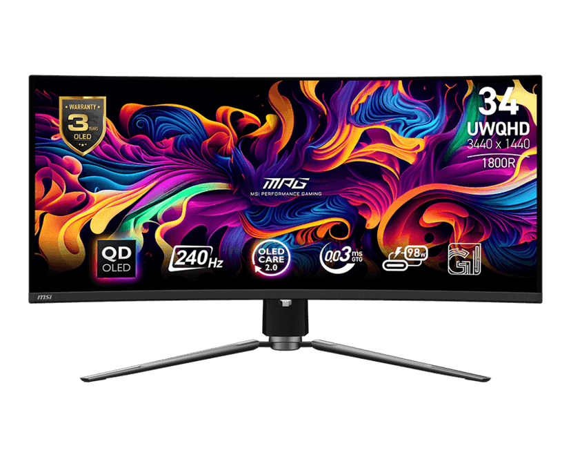 MSI MPG 341CQPX QD-OLED, 34" Curved Gaming Monitor 1800R 3440 x 1440, 240Hz / 0.03ms (GTG), Adaptive-Sync, HDMI 2 (v2.1), DP 1.4a, USB Type-C, Height adjustable