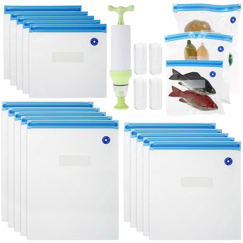 Sous Vide Bags 20Pcs Reusable Vacuum Food Storage Bags Kit with 15Pcs 3 Sizes Vacuum Food Bags 4 Sealing Clips 1 Hand Pump Food-grade Plastics Food Save Bags for Food Storage and Cooking