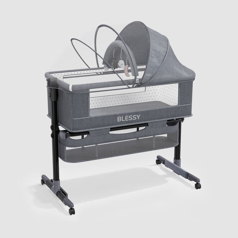MotionGrey Blessy 5-in-1 Baby Bassinet with Wheels & Lock 2-Height Adjustable Foldable Co-Sleeper Crib, Rocking & Incline Modes, Baby Chair Storage, Mosquito Net & Washable Cover