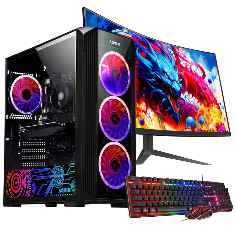 Gaming Desktop PC ~ 27 Inch Curved Gaming Monitor ~ GeForce RTX 3050 ~ AMD Ryzen 7 Processor ~ 16GB RAM - 512GB SSD - WiFi - Windows 11 Pro