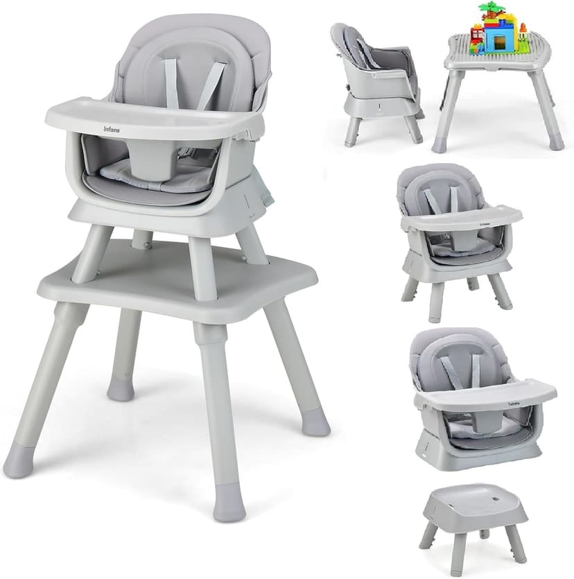 OLAKIDS 8 in 1 Baby High Chair, Convertible Highchair for Babies and Toddlers, Infant Dining Booster Seat, Building Block Table, Kids Stool Table Chair Set with Removable Tray (Grey)