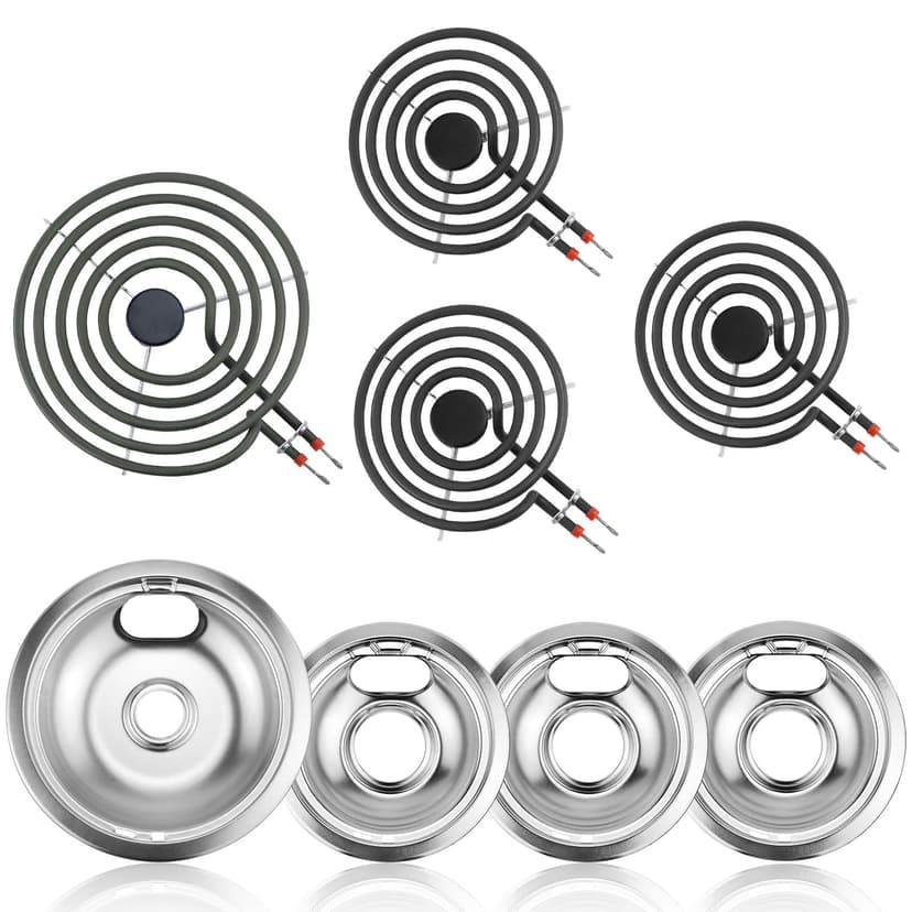 1x8" & 3x6" Electric Stove Burner Drip Pans + MP21YA MP15YA Burners Replacement Compatible with Whirlpool, Kenmore, Maytag, Amana Electric Ranges W10