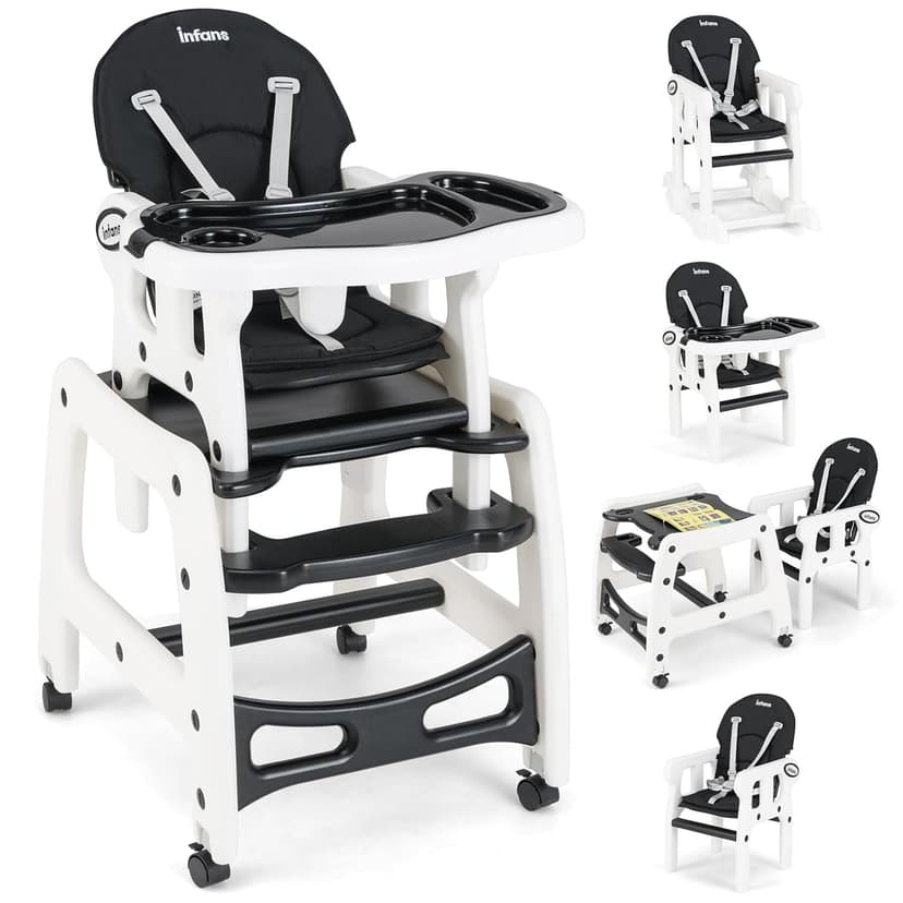OLAKIDS 5 in 1 Baby High Chair, Convertible Toddler Table Chair Set, Rocking Chair, Multi-Function Seat with Lockable Universal Wheels, Adjustable Seat Back, Removable Trays