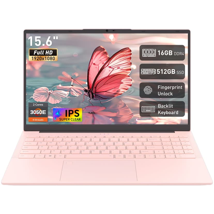 Auusda Laptop, Win 11 Pro 15.6" 3050E CPU Home Computer, 16GB RAM 512GB SSD, Backlit Keyboard, Fingerprint Unlock,Pink
