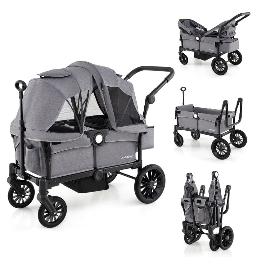 Gymax Wagon Stroller for 2 Kids Push Pull Double Stroller w/ Adjustable Handle Gray