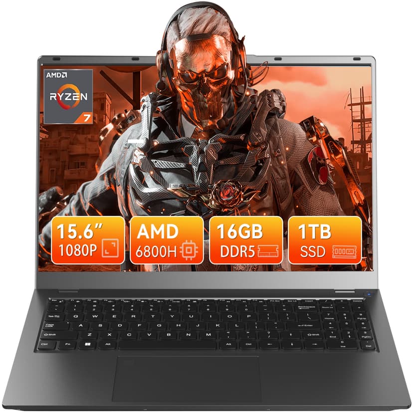 BREB 15.6" FHD Gaming Laptop - AMD Ryzen 7 6800H, 16GB DDR5, 1TB SSD, Fingerprint Unlock, Backlit Keyboard, PD Charging