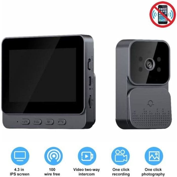 Wireless Visual Intercom, 4.3 inch Wireless Video Doorbell, 2.4g Wifi Visual Doorbell with Night Vision and Camera