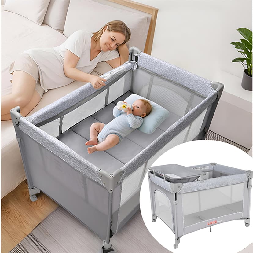 Baby Bassinet Beside Crib, One-Hand Setup 4 in 1 Foldable Large Baby Playard with Diaper Changing Table, Height Adjustable for One Rail