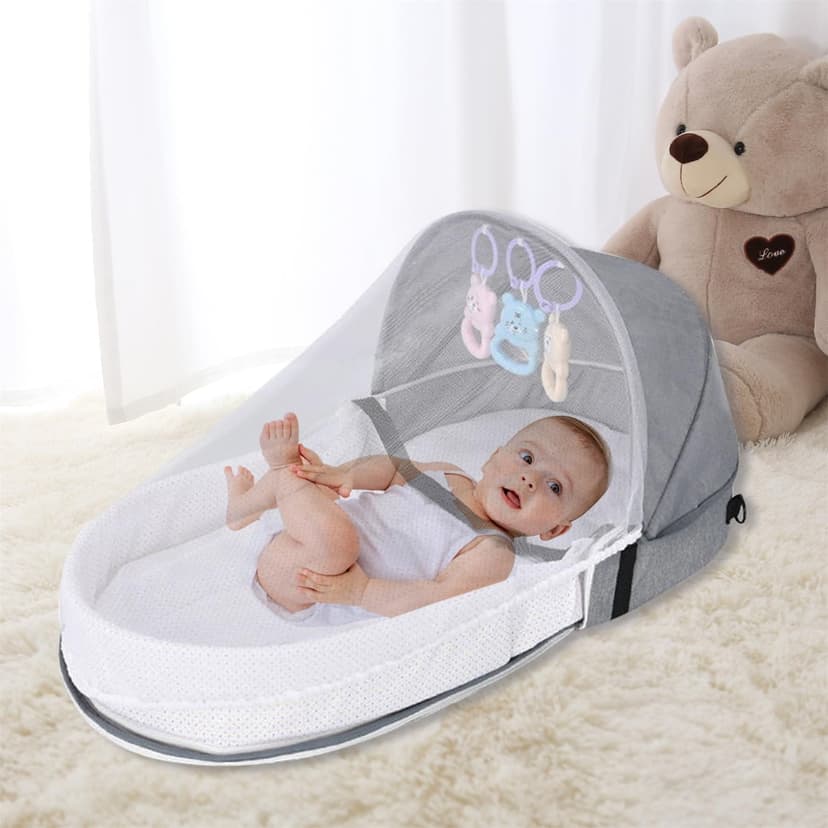 Portable Crib For Baby 0-12 Months Semi Closed Zippered Foldable Crib With Mesh Screen and Hanging Toys Breathable Comfortable Washable Portable Bassinet For Travel Outdoor