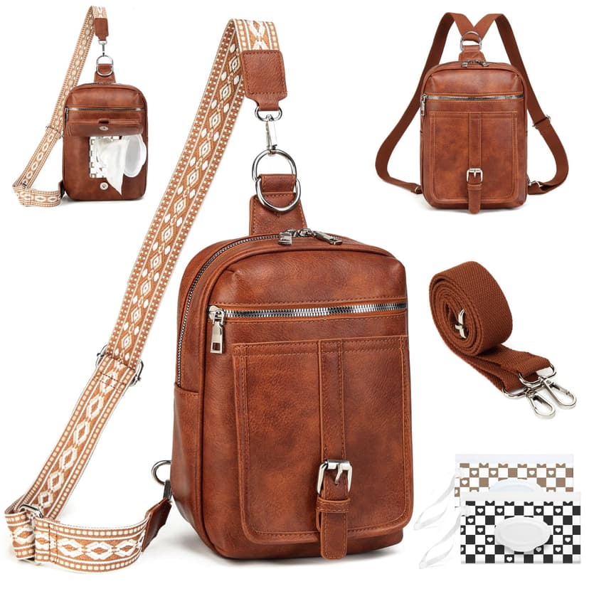 2 in 1 Crossbody Diaper Bag for Women Men Small Sling Backpack Purse Faux Leather Cross Body Bag for Woman with 2 Deletable Straps and Wipes Pouch Fr