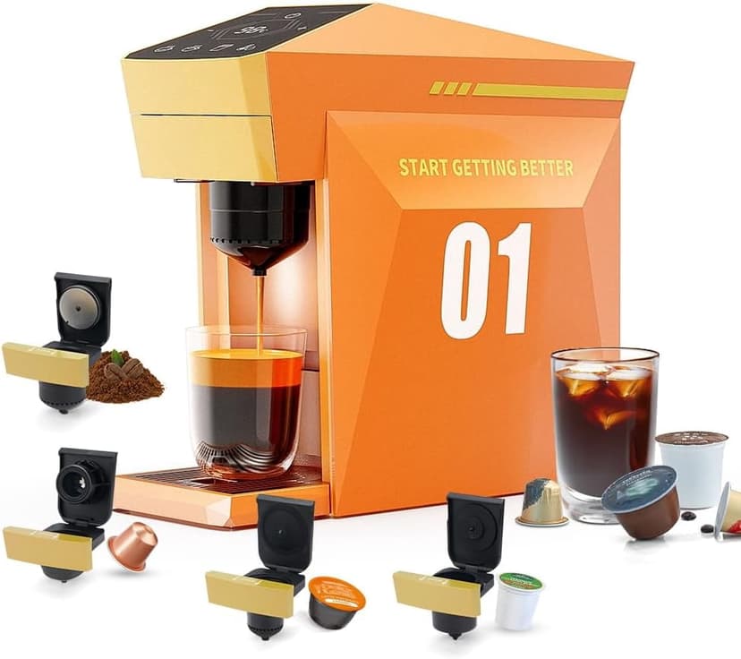 4 in1 Single Serve Coffee Maker, 19 Bar Espresso Maker Coffee Machine For KCup/Nespresso OriginalLine Capsules/Dolce Gusto/Ground Coffee, Vibrant Orange